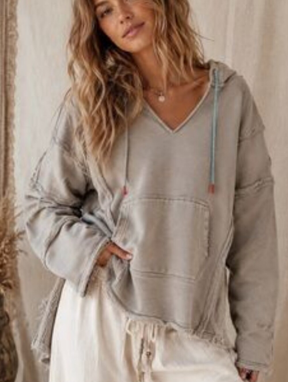 Natural Life Women's V-Neck Hooded Pullover Sweatshirt Grey Athleasure XL